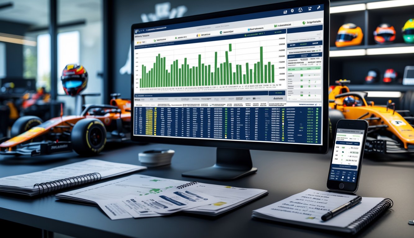 Meja kerja modern dengan komputer menampilkan grafik balap Formula 1, slip taruhan, dan catatan, dikelilingi oleh miniatur mobil balap dan helm di ruang kantor.