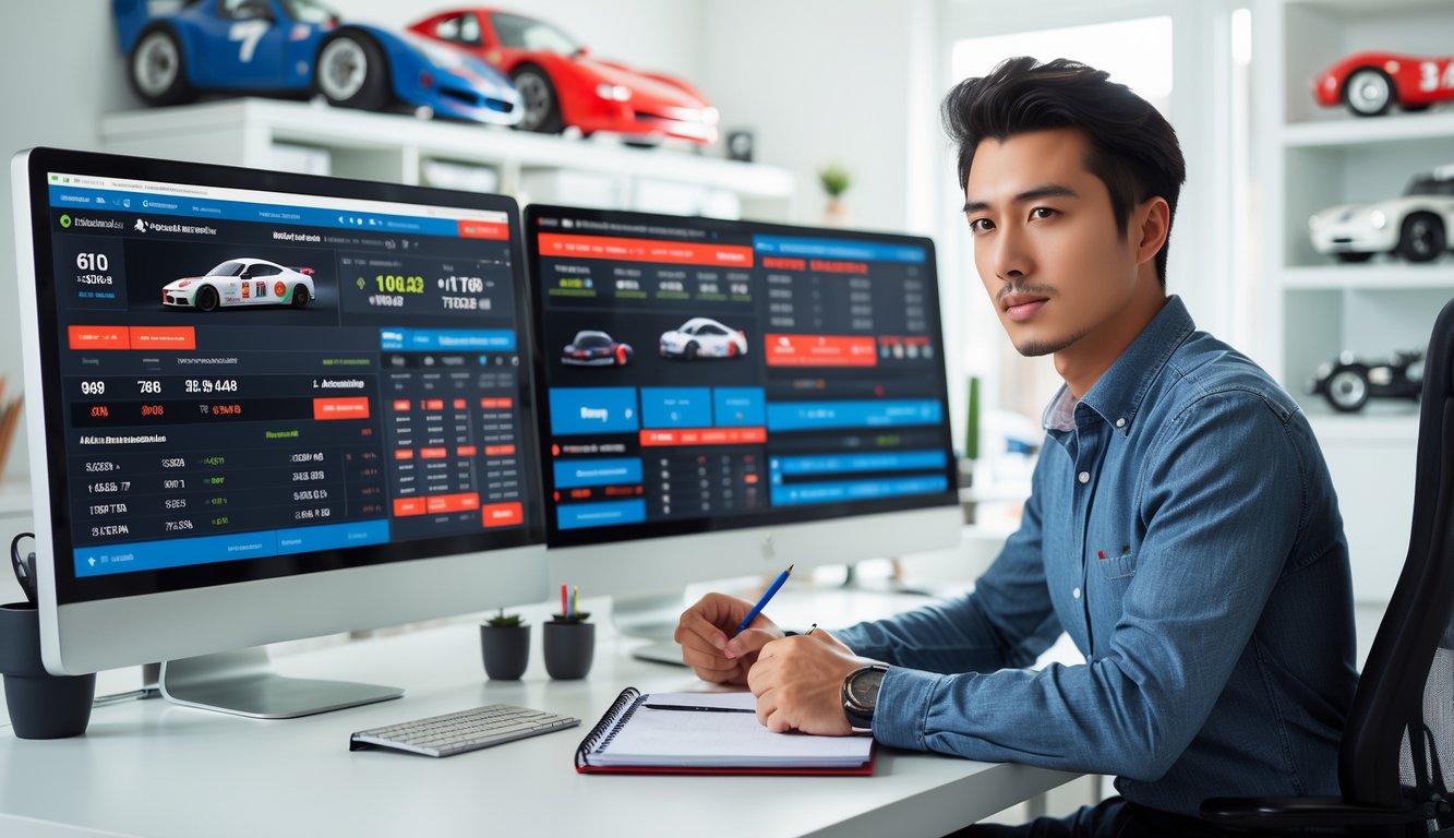 Seorang pria muda duduk di meja dengan beberapa layar komputer yang menampilkan statistik balap mobil dan peluang taruhan, sedang menganalisis data di ruang kerja yang rapi.