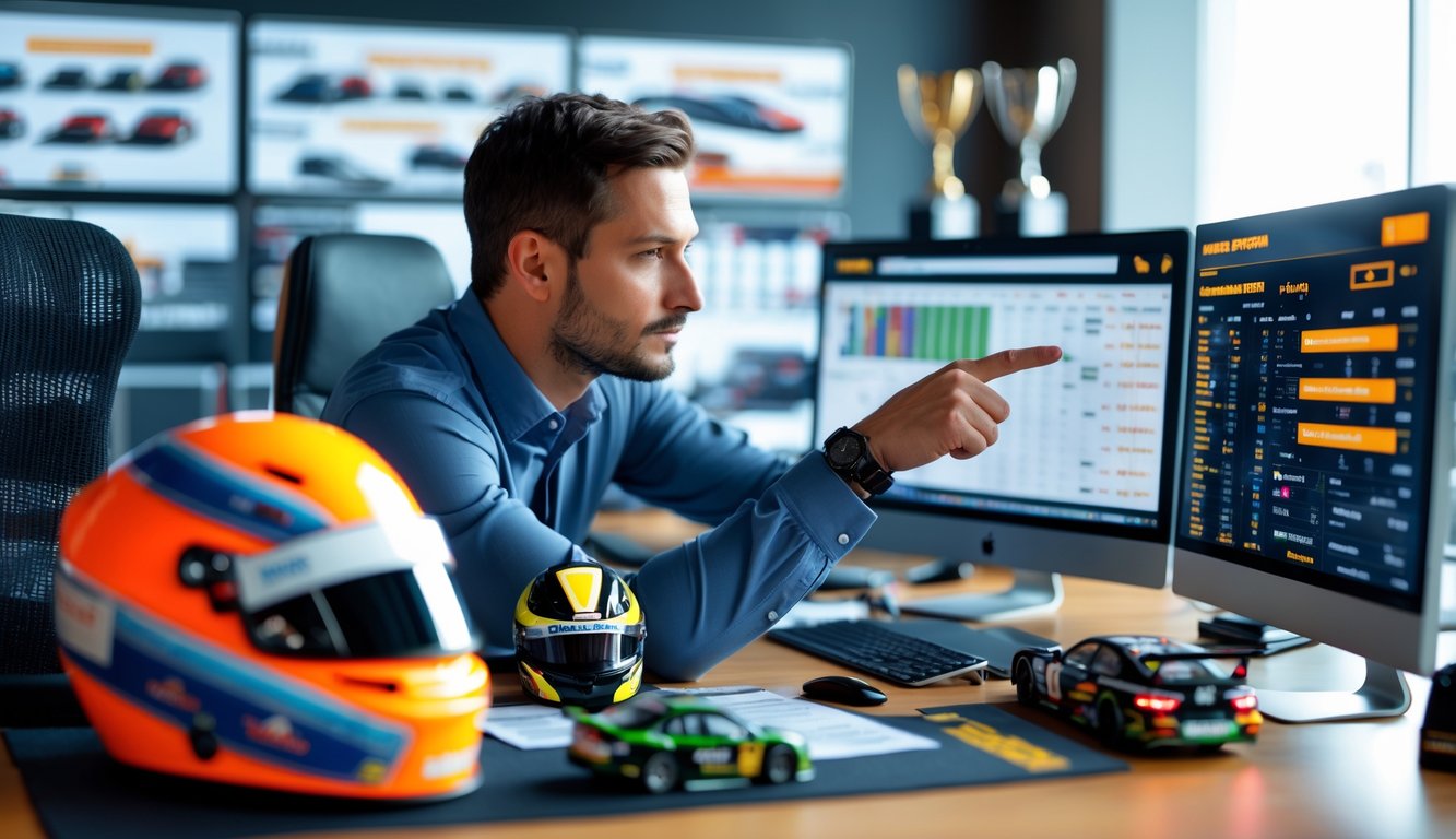 Seorang pria fokus menganalisis strategi taruhan balap mobil di kantor dengan layar komputer dan model mobil balap di meja.