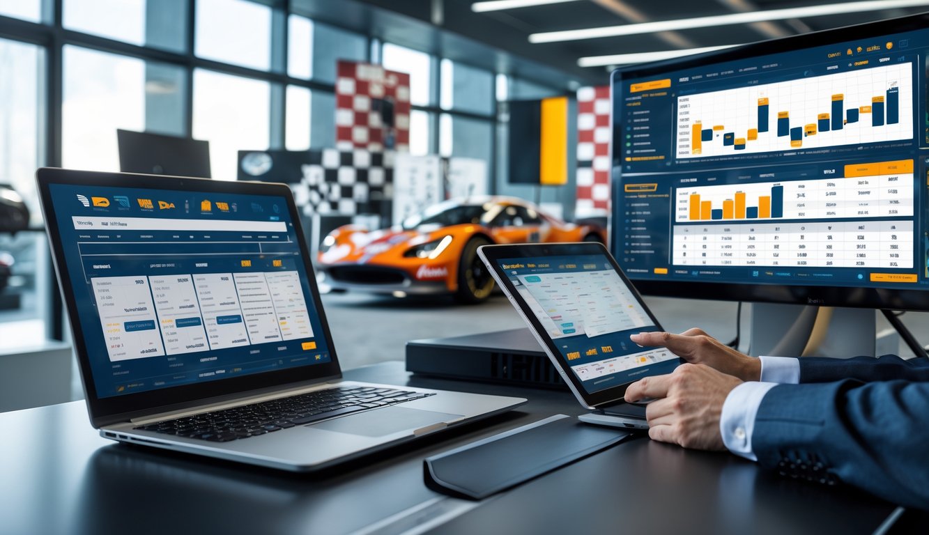 Seorang pria sedang menganalisis data taruhan balap mobil menggunakan beberapa layar digital di kantor modern.