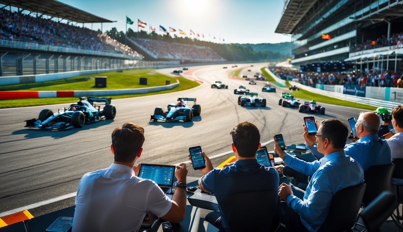 Sejumlah orang sedang memasang taruhan sambil menonton balapan mobil di lintasan dengan mobil balap yang sedang melaju cepat, dikelilingi oleh penonton dan bendera internasional.