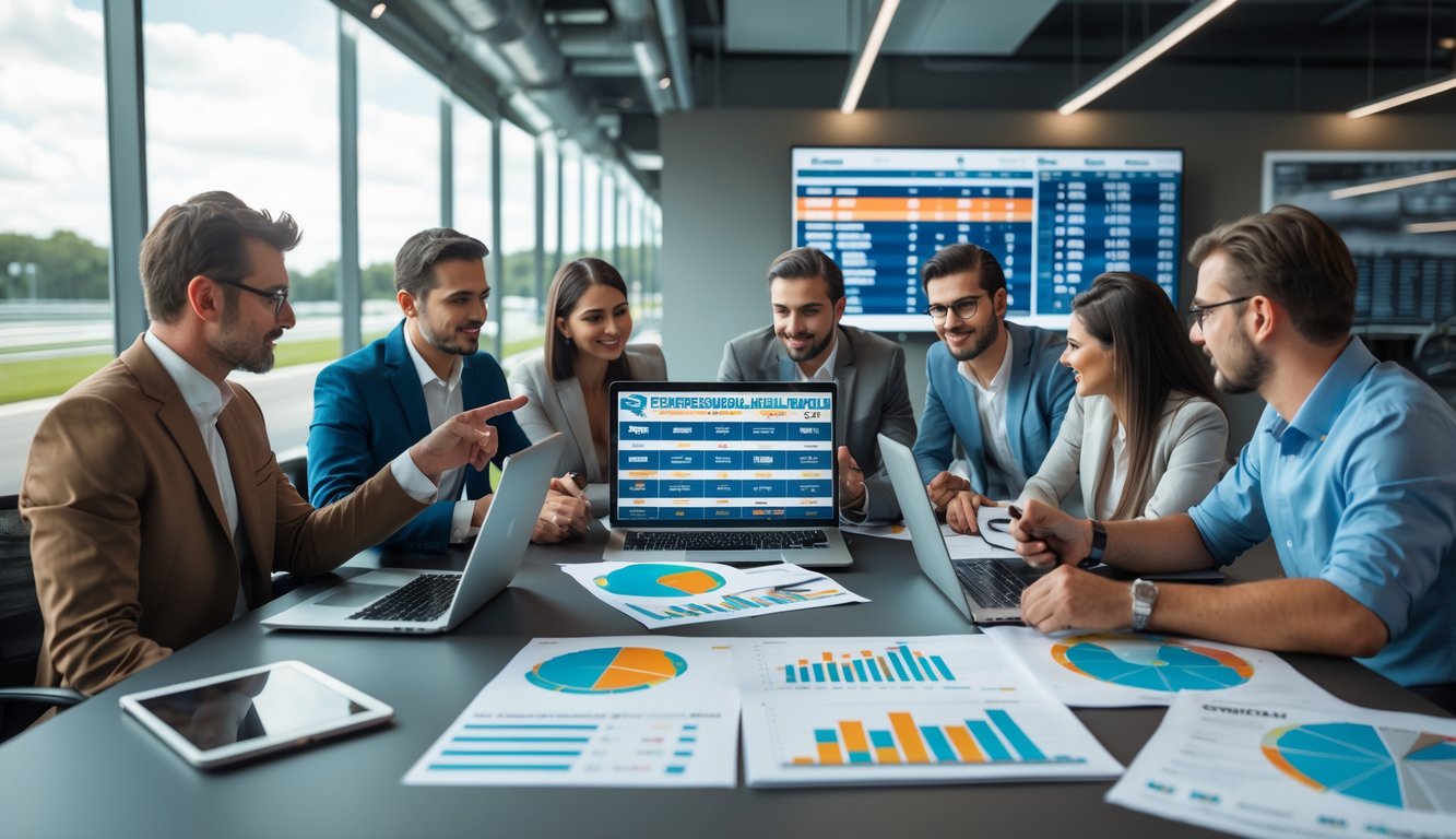 Sekelompok orang sedang berdiskusi di meja dengan laptop dan dokumen tentang balap mobil, di latar belakang terlihat lintasan balap dan mobil balap.