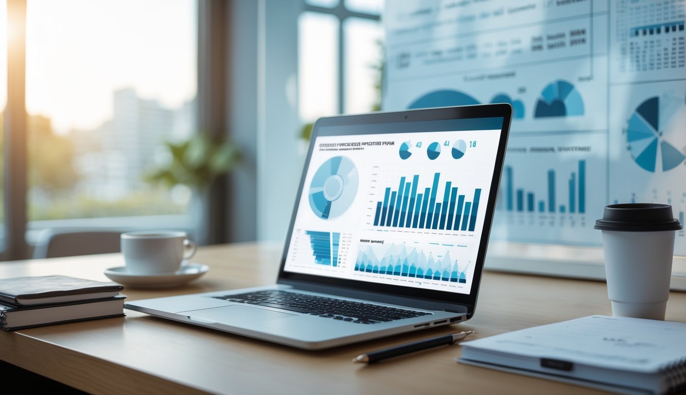 Meja kerja modern dengan laptop yang menampilkan grafik, buku catatan, dan alat tulis, menunjukkan suasana perencanaan dan analisis angka.