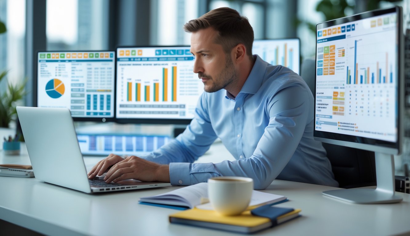 Seorang pria fokus di kantor modern sedang menganalisis data prediksi togel pada beberapa layar komputer.