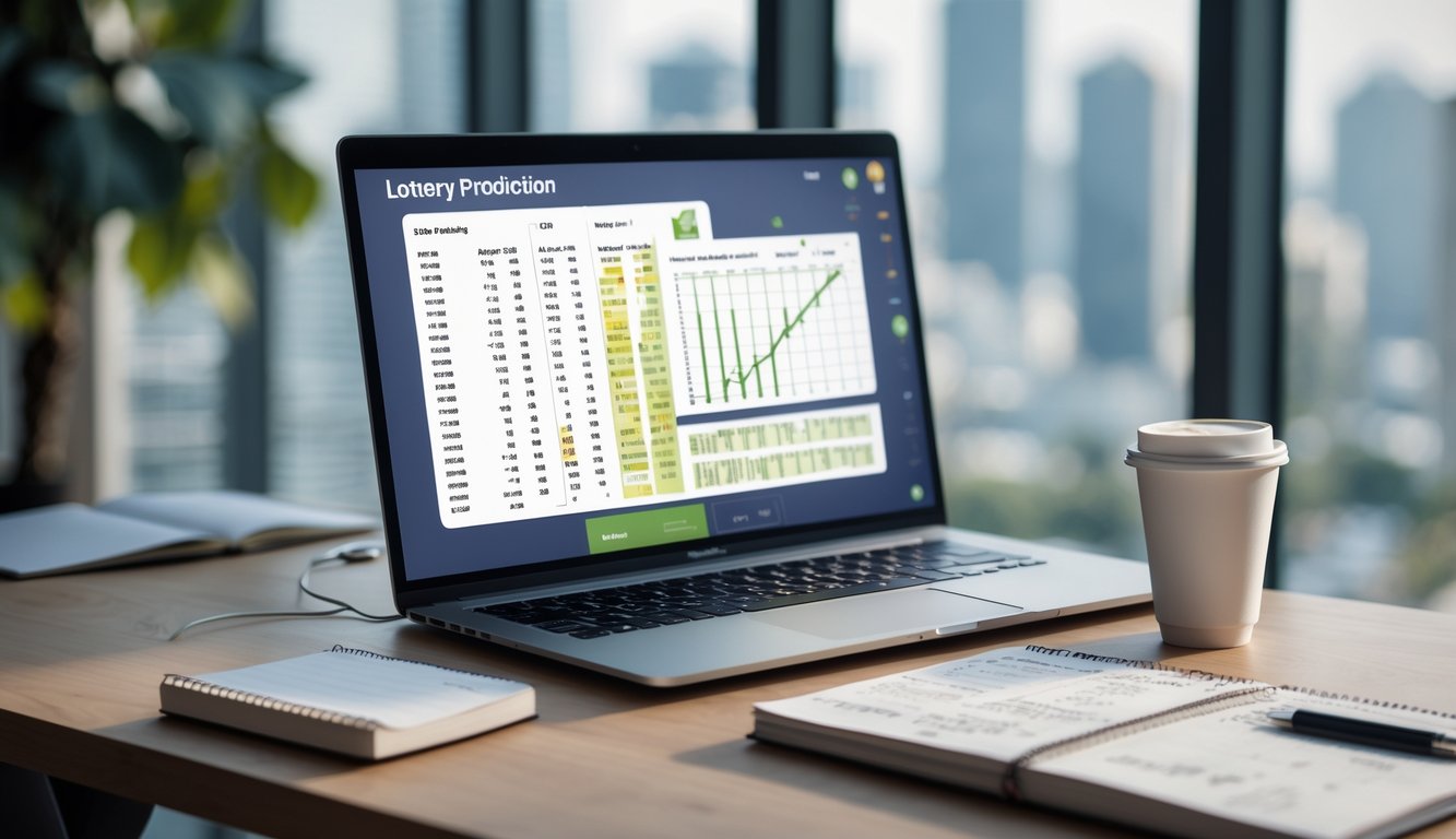 Meja kerja dengan laptop menampilkan grafik dan angka, buku catatan dengan tulisan tangan, dan secangkir kopi di atas meja kayu di dekat jendela dengan pemandangan kota.