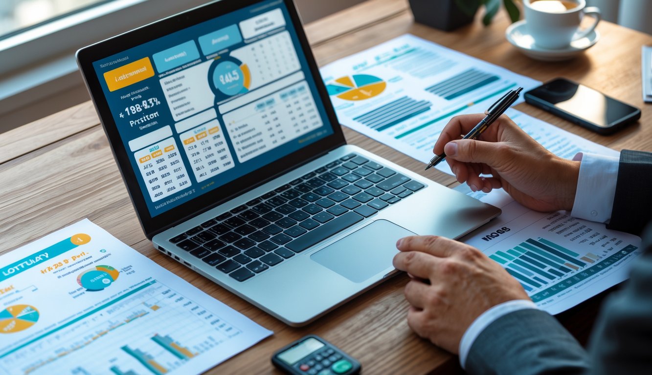 Meja kerja dengan laptop, kertas data dan tangan seseorang yang sedang menandai angka, suasana fokus dan teratur.