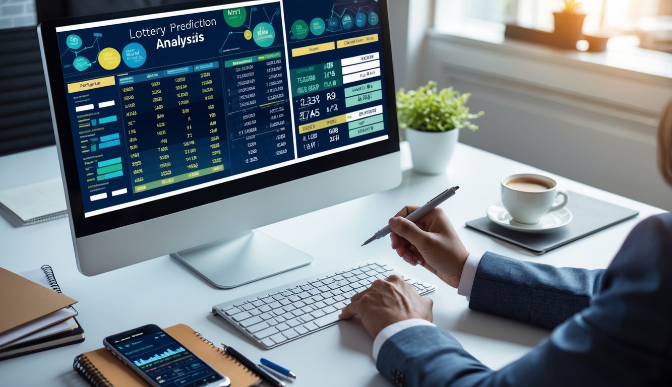 Sebuah meja kerja modern dengan komputer yang menampilkan grafik dan angka terkait prediksi togel, tangan seseorang menunjuk layar, serta beberapa alat tulis dan ponsel di atas meja.