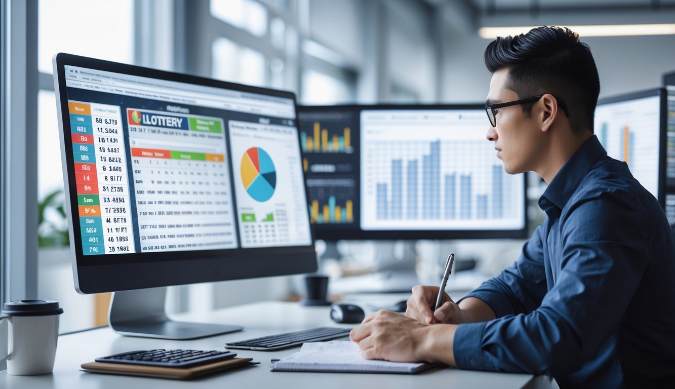 Seorang profesional sedang menganalisis data togel di ruang kerja modern dengan komputer dan alat tulis.