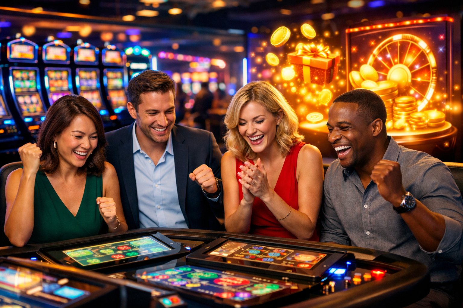 A Group Of Adults Enjoying Electronic Casino Games In A Brightly Lit, Modern Casino Interior With Colorful Slot Machines And Promotional Displays.