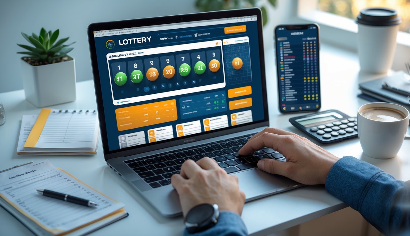 Seorang pria duduk di meja kerja dengan laptop yang menampilkan situs togel, dikelilingi catatan, ponsel, dan kopi.