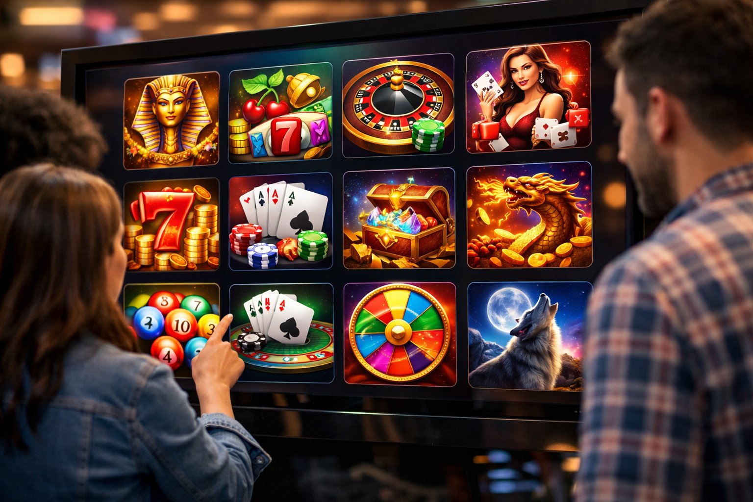 People Browsing A Digital Casino Game Selection Interface On A Large Touchscreen Display.