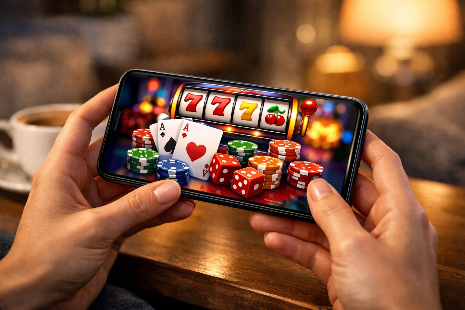 CloseUp Of A Person Holding A Smartphone Showing A Colorful Casino Game Interface In A Cozy Indoor Setting.