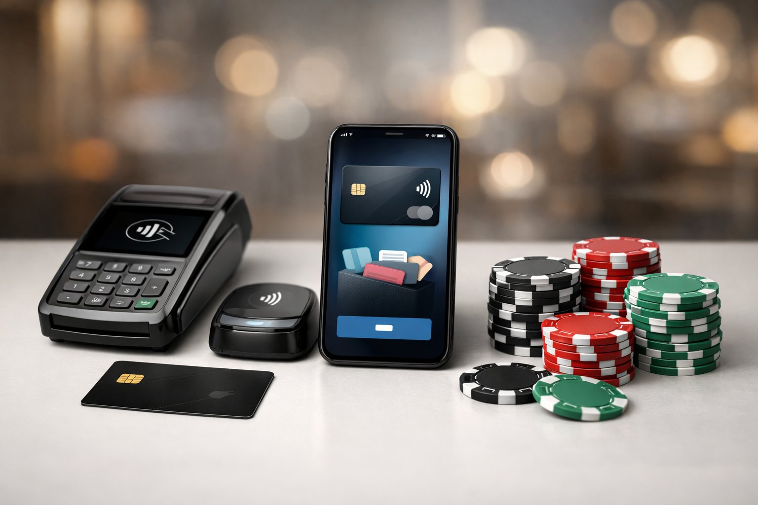 Various Payment Methods Including A Credit Card, Smartphone With Digital Wallet, Contactless Payment Device, And Casino Chips On A Clean Surface.
