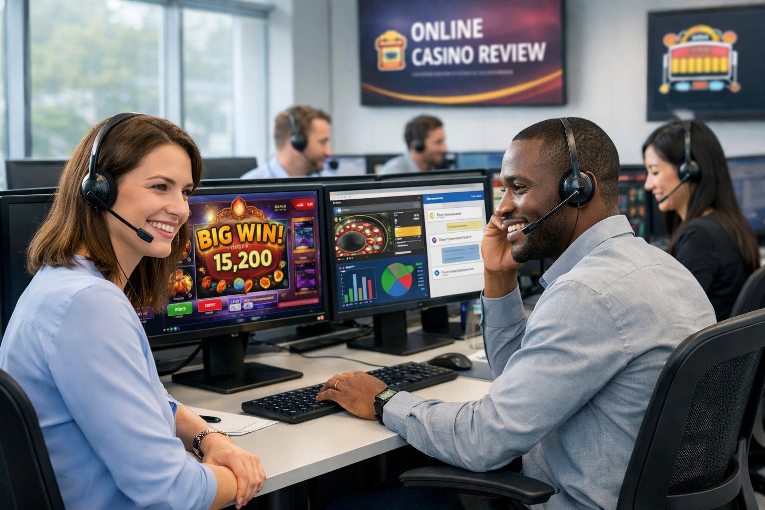 Customer Support Agents Wearing Headsets Working At Computers In A Bright Office With Casino Game Screens Visible.