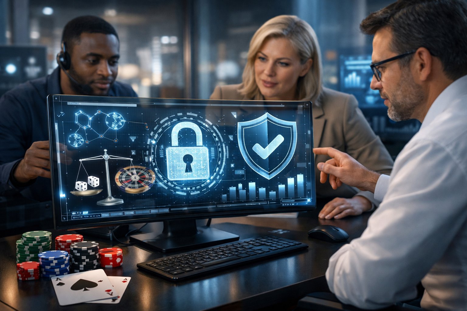A Group Of Professionals Working Together At A Computer Workstation With Digital Security And Fairness Graphics Displayed On Transparent Screens.
