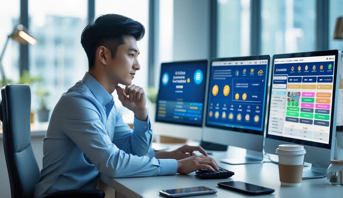 Seorang pria muda duduk di depan komputer dengan layar menampilkan antarmuka judi togel online, di ruang kantor yang rapi dan terang.