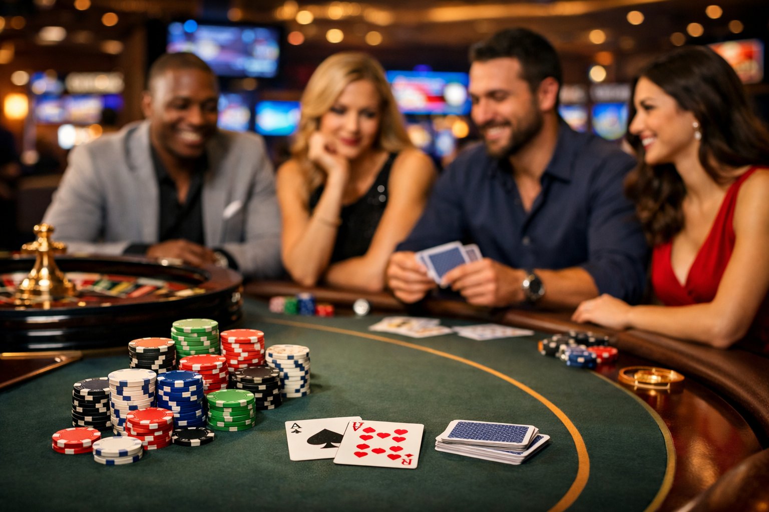A Casino Gaming Table With Poker Chips, Playing Cards, And A Roulette Wheel, Surrounded By People Playing And Talking.