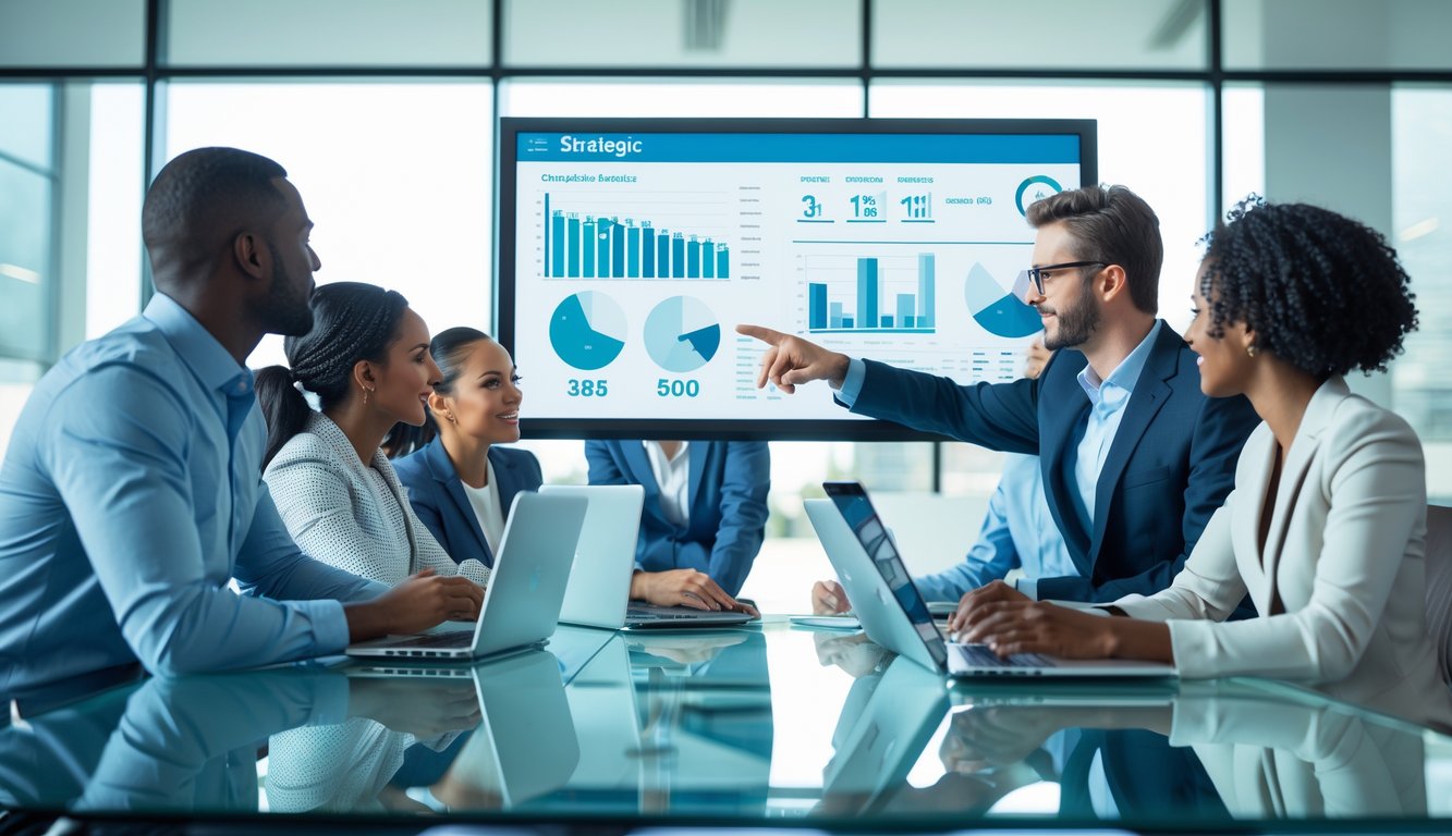 Sekelompok orang sedang berdiskusi dan menganalisis data di ruang kantor yang terang dan modern.