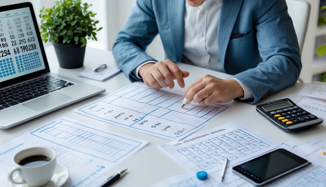 Seseorang sedang menganalisis data angka dan pola keluaran togel di meja kerja dengan laptop dan catatan.