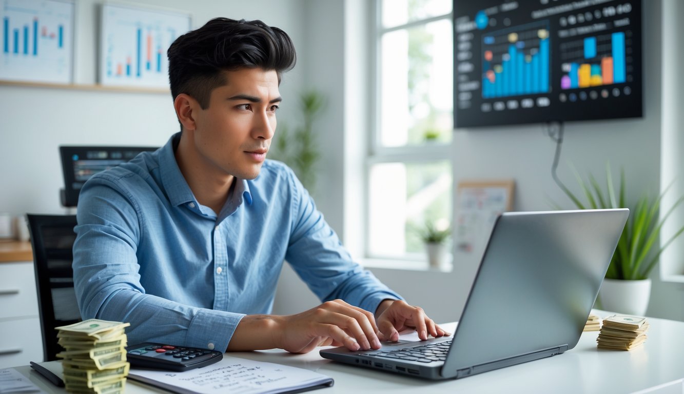 Seseorang duduk di meja kerja dengan laptop, menghitung dan menganalisis data sambil dikelilingi oleh uang dan alat tulis.