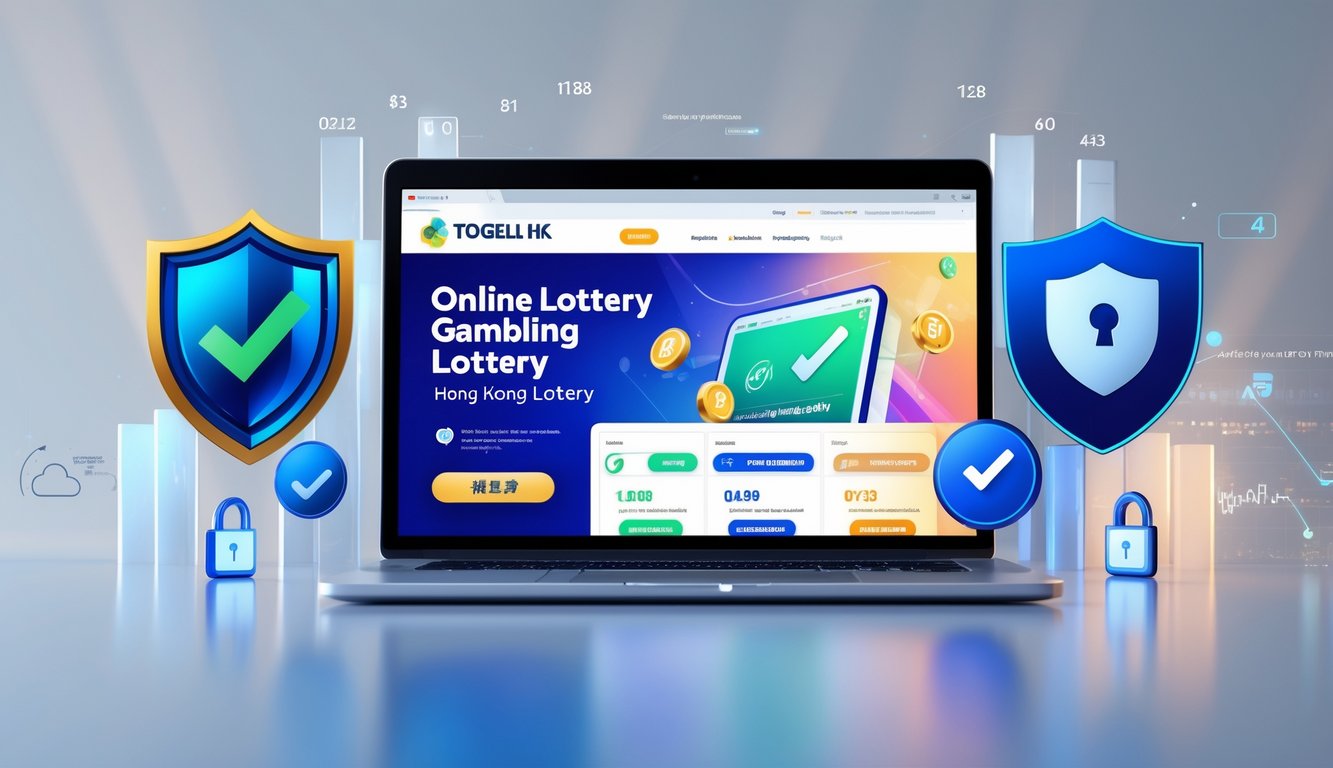 Seseorang menggunakan laptop dengan tampilan situs judi togel online yang aman dan terpercaya, dikelilingi ikon keamanan seperti gembok dan tanda centang.