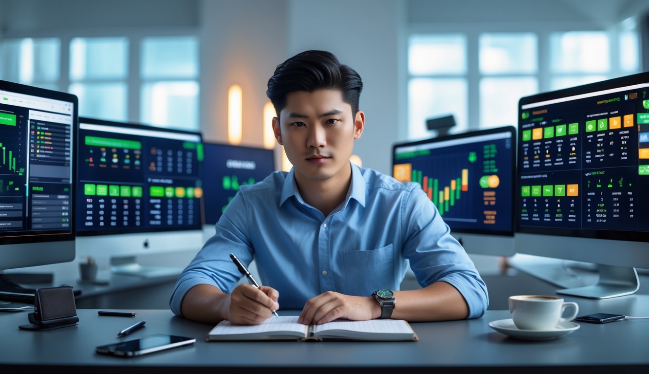Seorang pria muda sedang duduk di meja dengan beberapa layar komputer yang menampilkan grafik dan angka, tampak fokus dan serius menganalisis data.