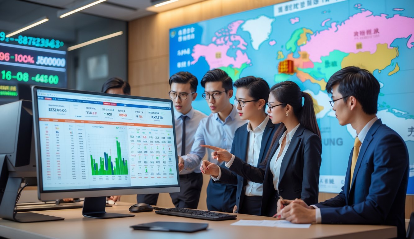 Sekelompok profesional muda sedang berdiskusi di kantor modern dengan layar komputer yang menampilkan data peluang dan diskon taruhan.