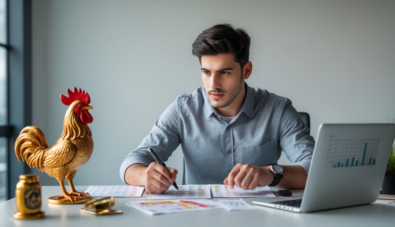 Seorang pria muda sedang belajar strategi taruhan sabung ayam di meja dengan catatan dan laptop.