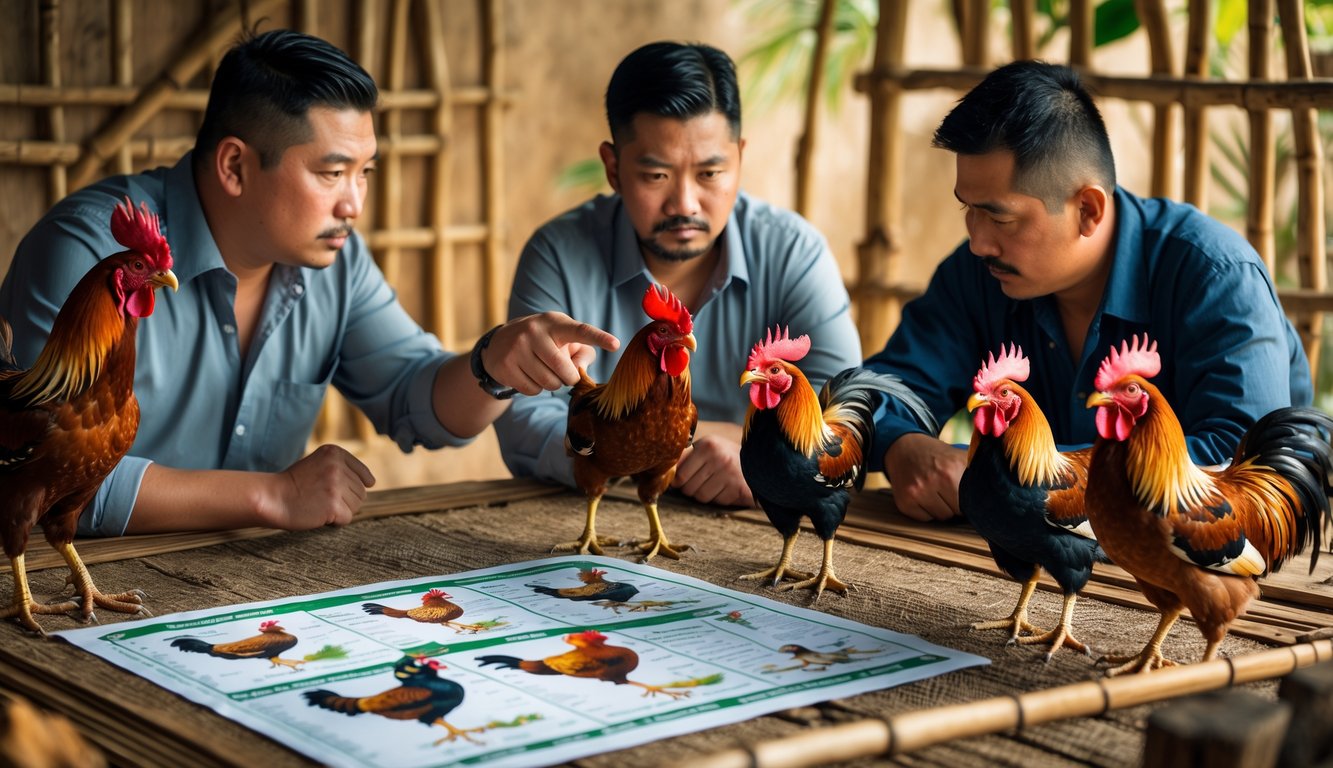 Sekelompok pria sedang berdiskusi strategi sabung ayam dengan beberapa ayam jago di dekat mereka.