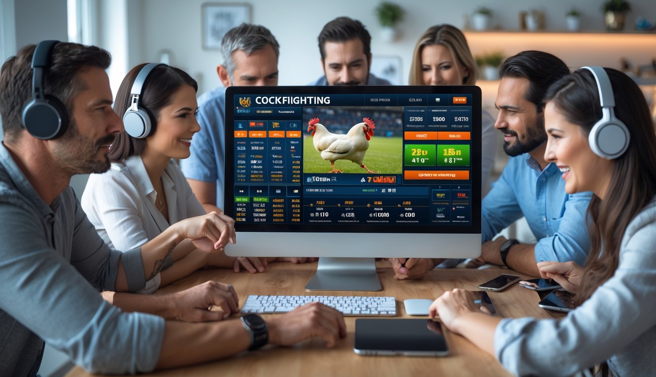 Orang-orang sedang menggunakan komputer untuk bertaruh online pada sabung ayam dengan ekspresi fokus dan antusias.
