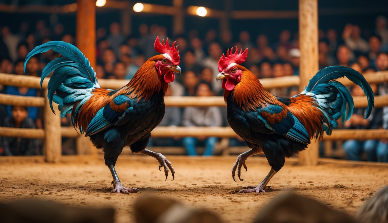 Dua ayam jago sedang bertarung di arena sabung ayam dengan penonton di latar belakang.