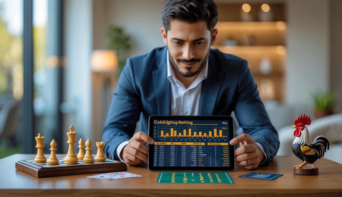 Seorang pria sedang memegang tablet dan menganalisis data di meja dengan figur ayam jago dan papan catur di ruangan yang terang.