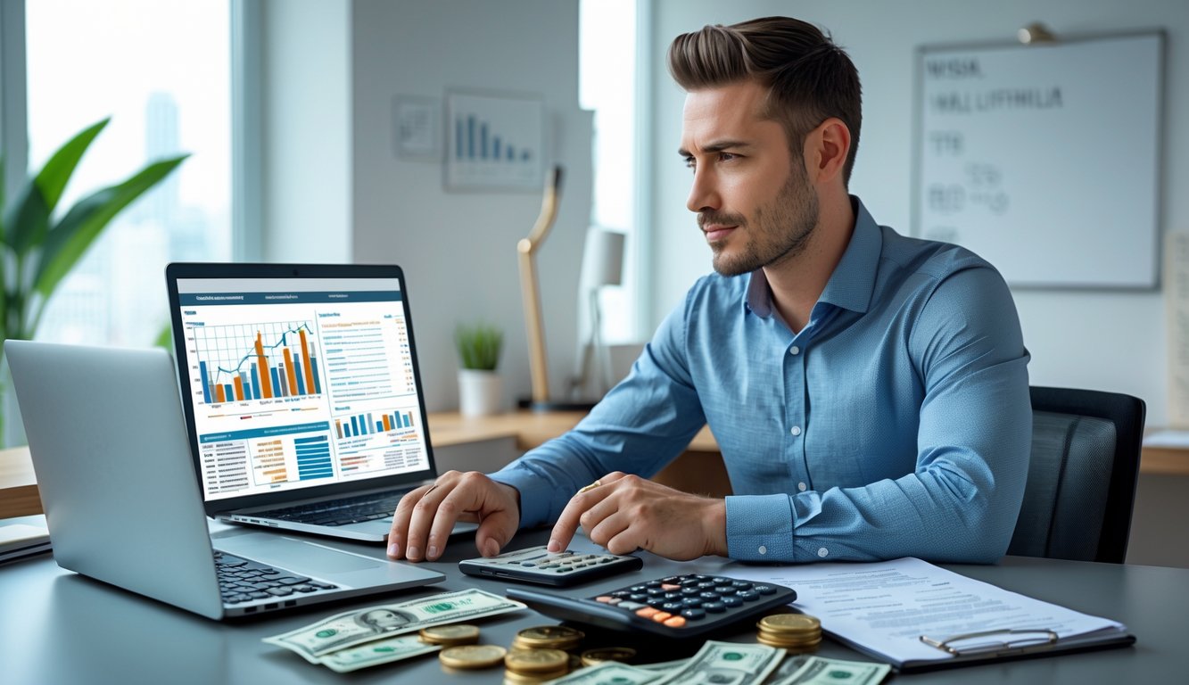 Seorang pria sedang mengelola keuangan di meja kerja dengan laptop, kalkulator, dan uang di sekitarnya.