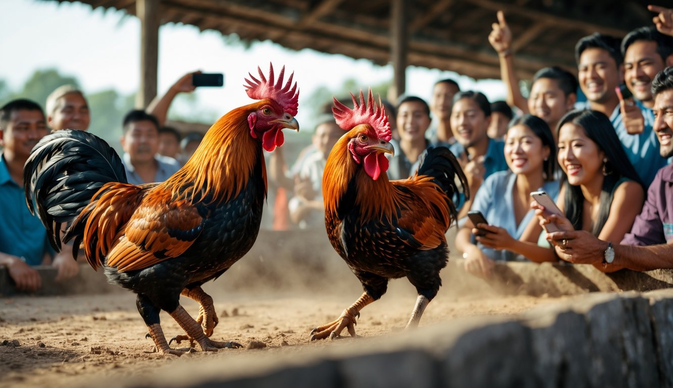 Dua ayam jago sedang bertarung di arena dengan sekelompok orang menonton dengan antusias.