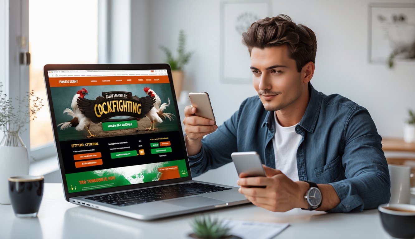 Seorang pria muda menggunakan laptop dan ponsel di meja kerja yang rapi dengan pencahayaan alami.