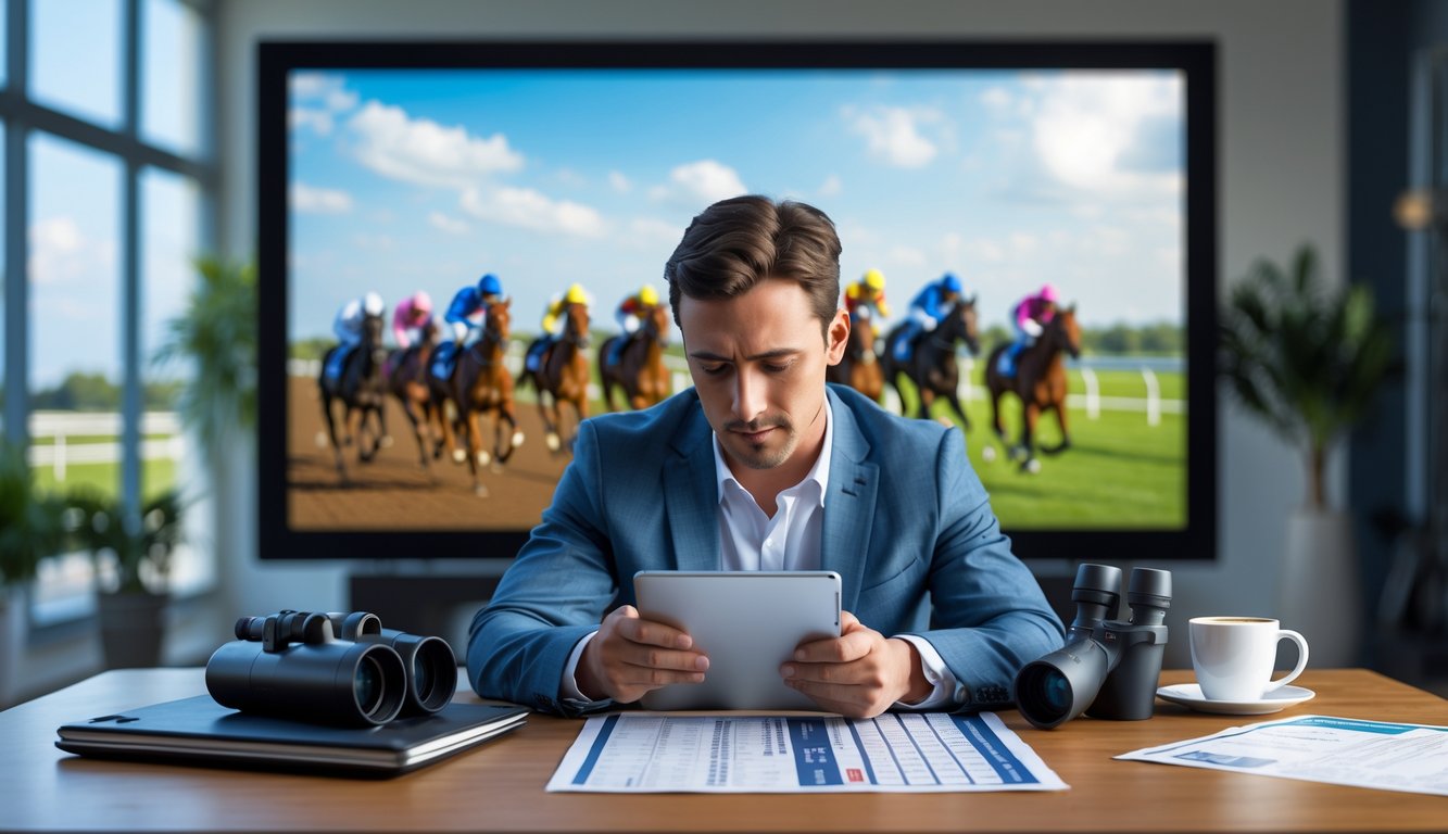 Seseorang sedang mempelajari peluang dan memilih kuda untuk balap kuda dengan layar balapan kuda yang sedang berlangsung di latar belakang.