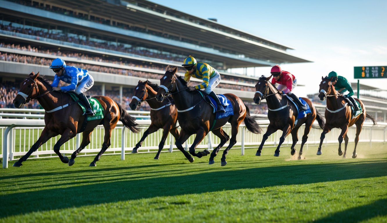 Balap kuda berlangsung di lintasan hijau dengan joki mengenakan pakaian balap berwarna-warni dan penonton di tribun.