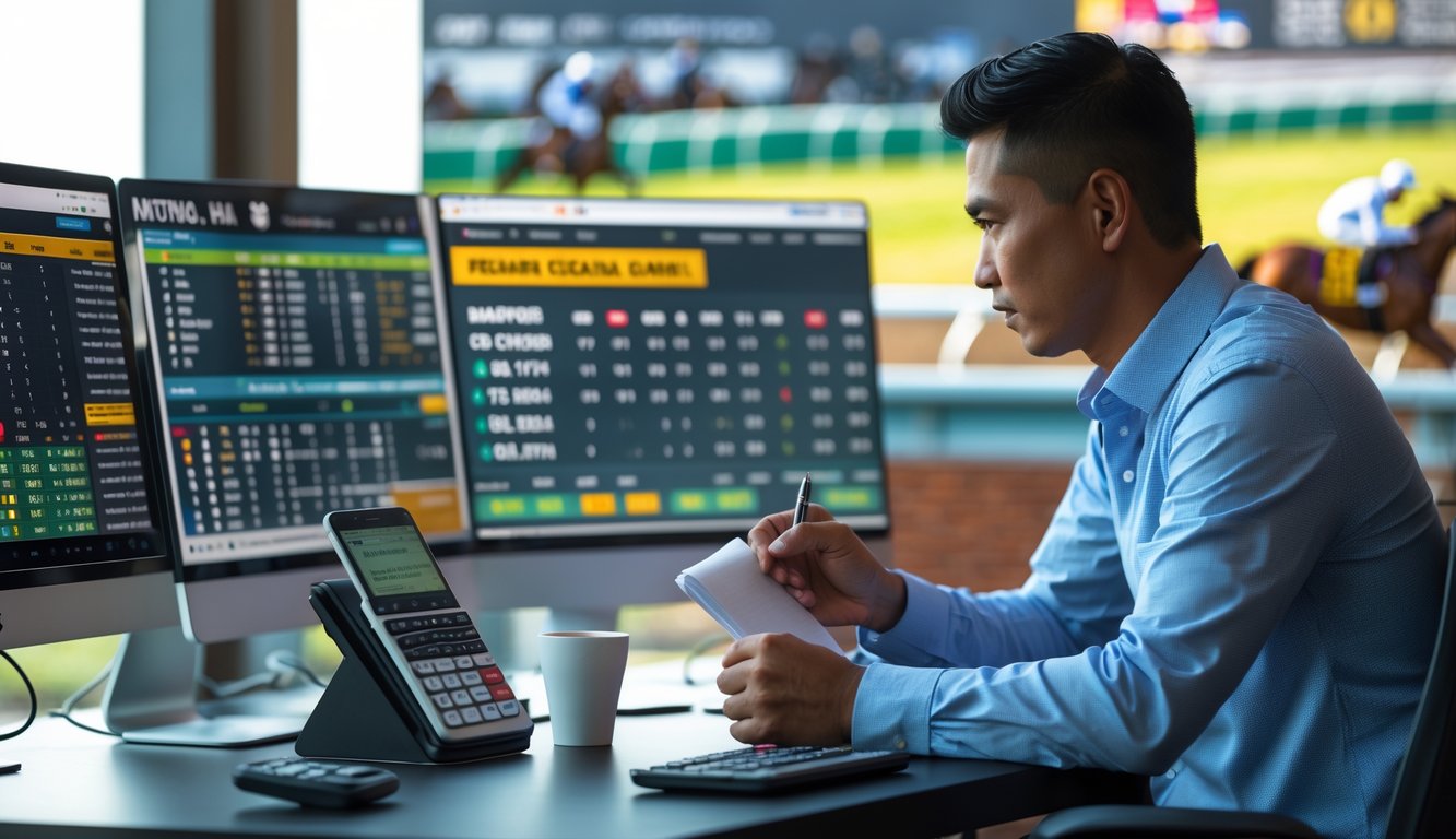 Seorang pria Indonesia duduk di depan komputer dengan data balap kuda dan layar taruhan online, sedang mencatat dan fokus.