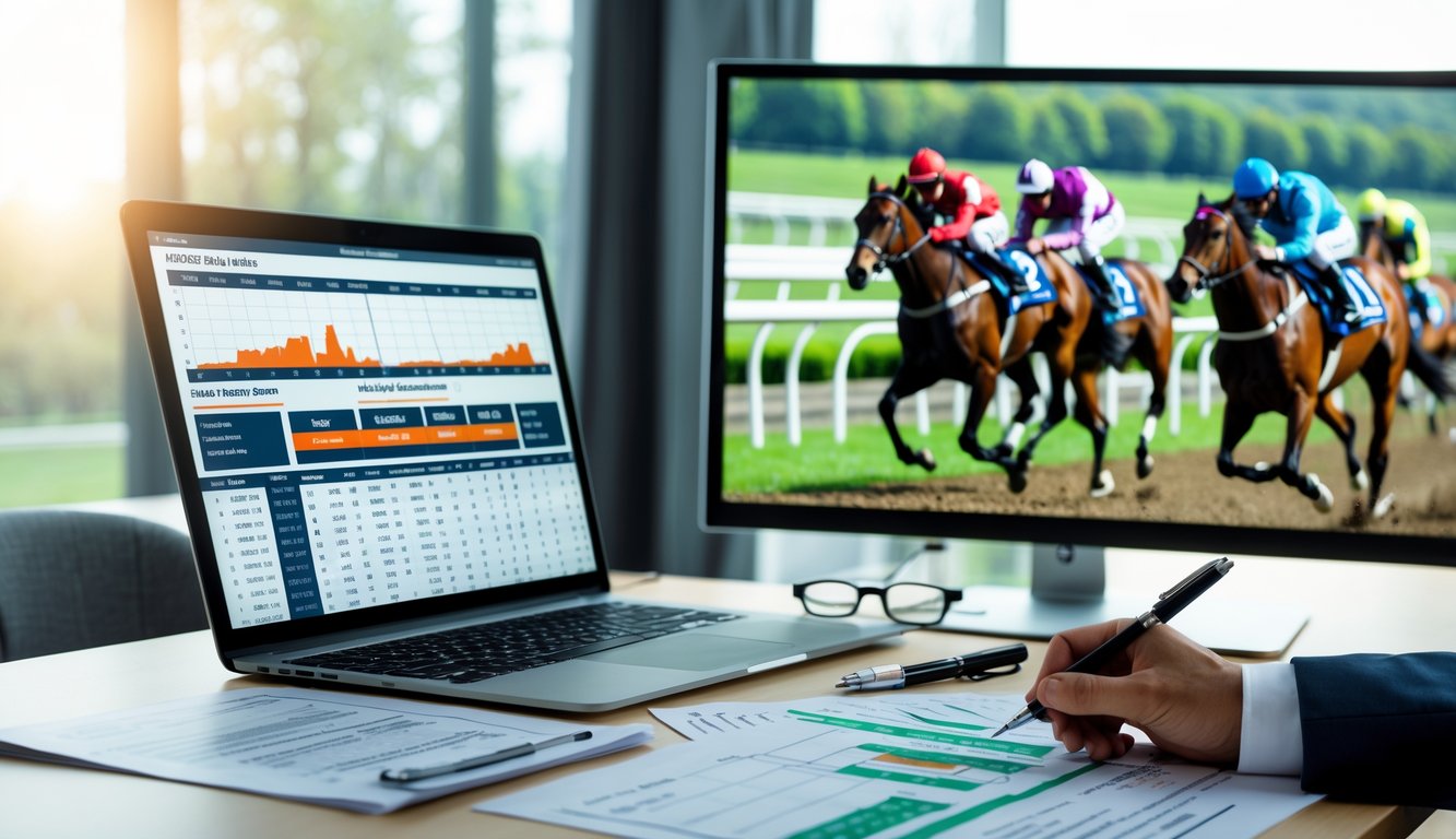 Seorang profesional sedang menganalisis statistik dan strategi balap kuda di depan laptop dengan layar menampilkan balapan kuda secara langsung.