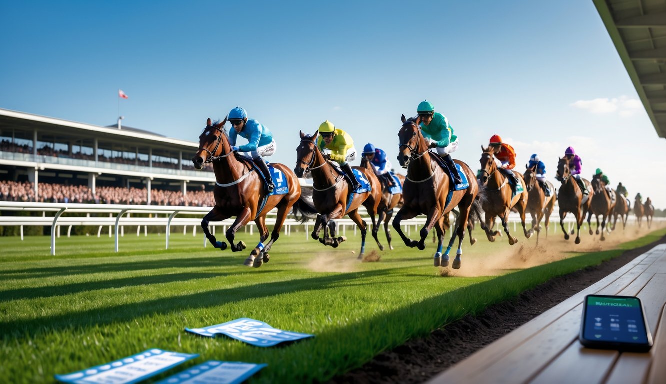 Adegan balap kuda dengan beberapa joki mengenakan pakaian warna-warni sedang berlomba di lintasan hijau dengan tribun penonton ramai di latar belakang.