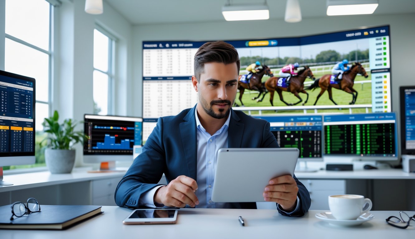 Seorang pria sedang menganalisis data balap kuda di kantor dengan layar komputer dan gambar balapan kuda di latar belakang.