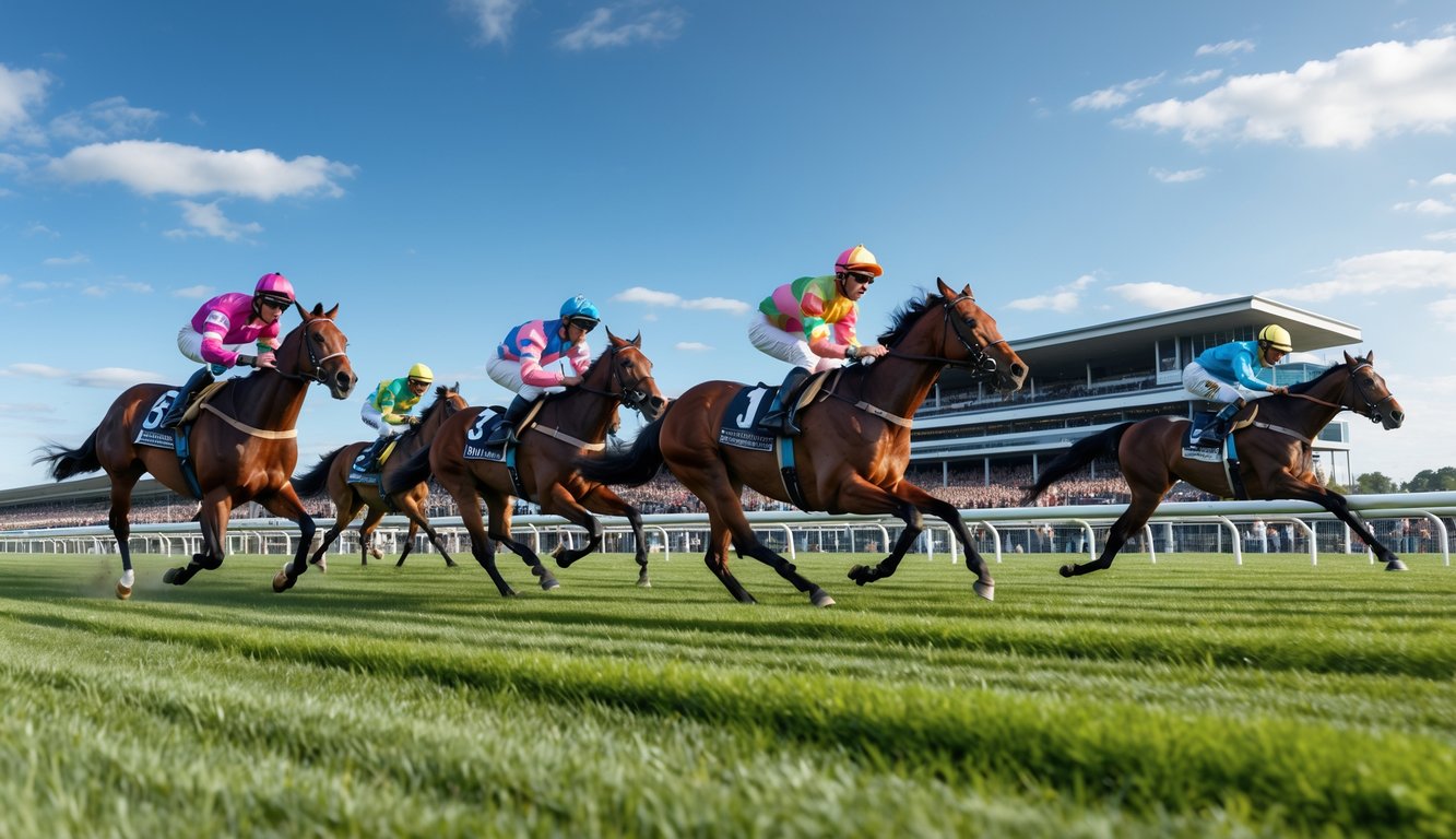 Beberapa kuda pacu dengan joki berwarna-warni berlari kencang di lintasan balap dengan tribun penonton di latar belakang.
