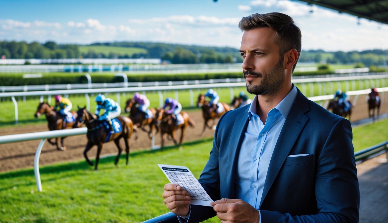 Seorang pria memegang slip taruhan dan ponsel berdiri di dekat lintasan pacuan kuda dengan kuda dan joki berlatar belakang.