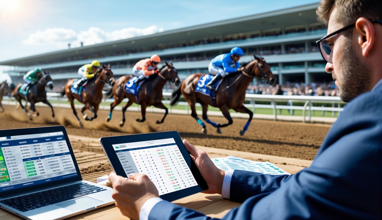 Beberapa kuda pacu dengan joki berwarna-warni sedang berlomba di lintasan, dengan seorang petaruh yang sedang menganalisis data taruhan menggunakan tablet di dekatnya.