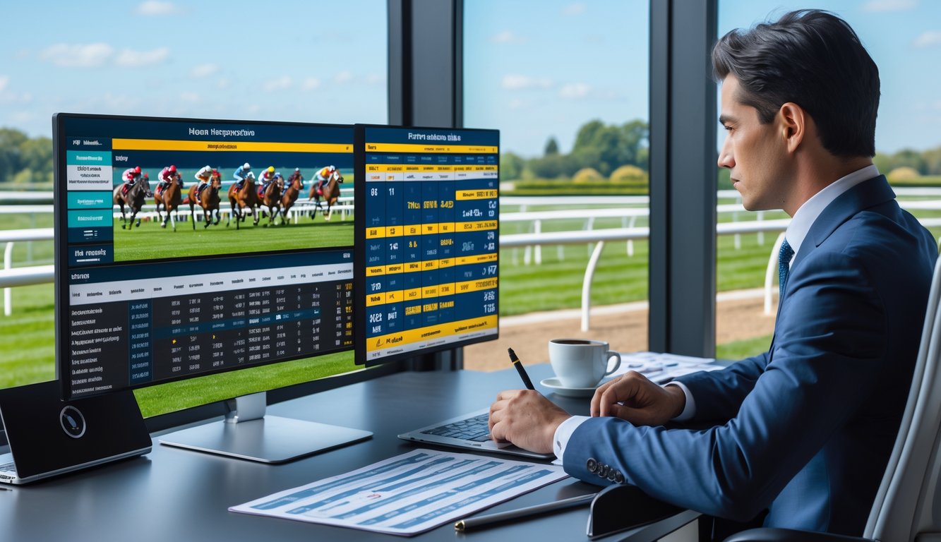 Seseorang yang serius mempelajari data balap kuda dan peluang taruhan di depan layar dan dokumen, dengan latar belakang arena balap kuda.