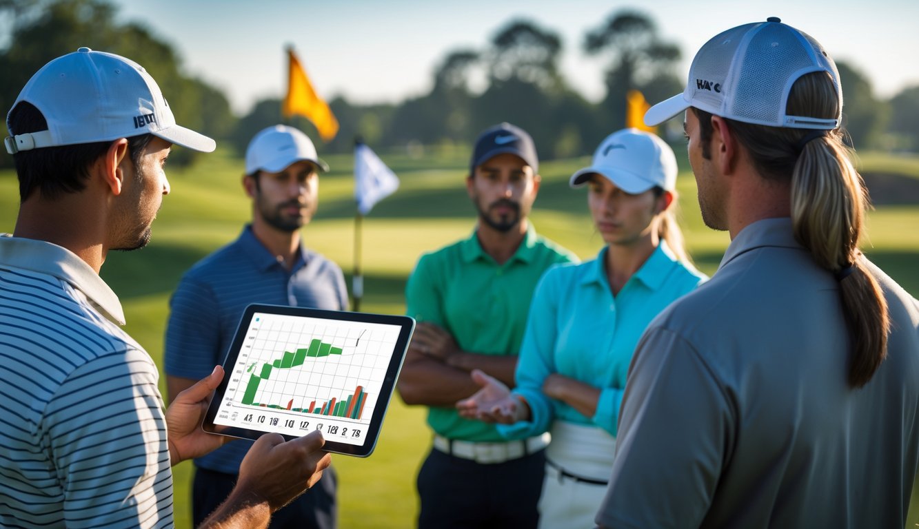 Seorang pemula golf sedang menerima penjelasan tentang cara membaca odds dan handicap di lapangan golf.