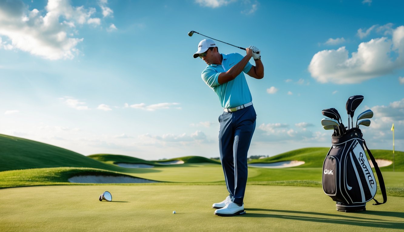 Seorang pemain golf berpengalaman sedang melakukan ayunan di lapangan golf hijau dengan latar belakang bukit dan langit biru.