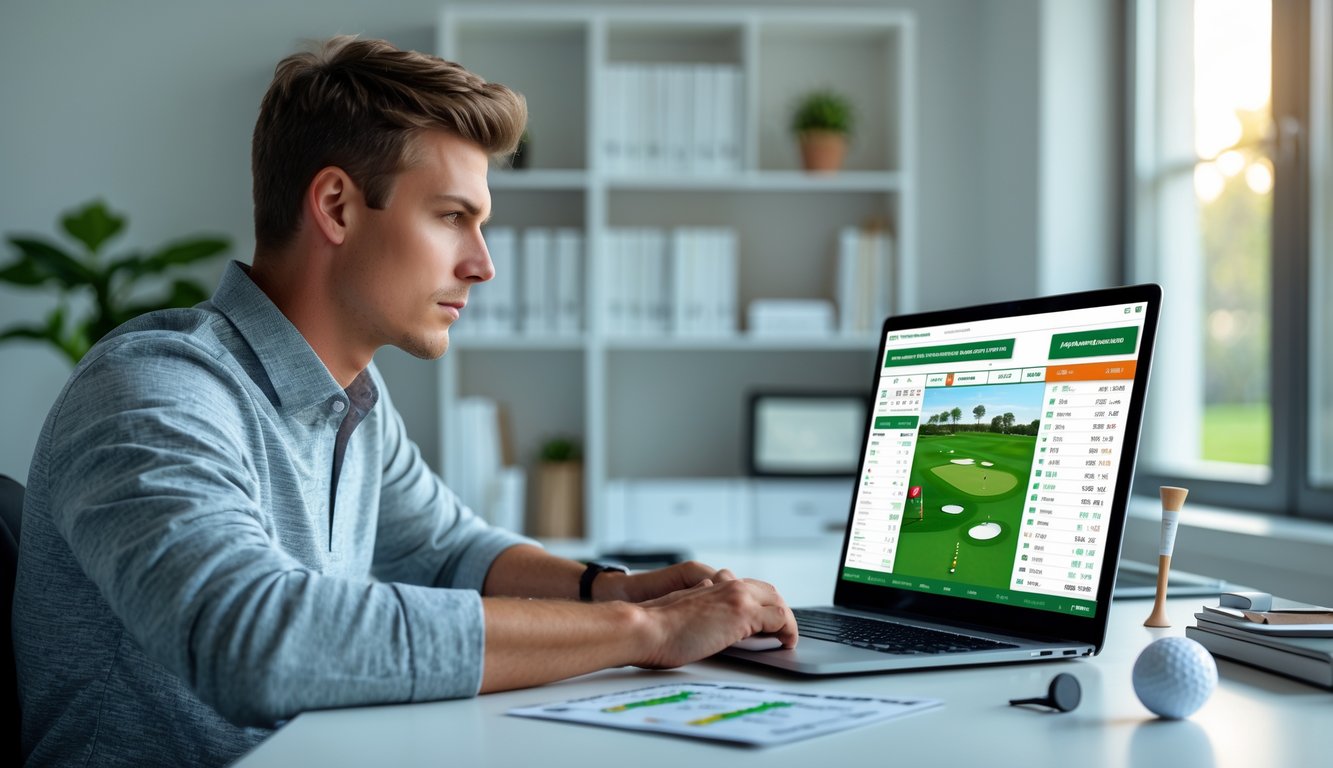 Seorang pria muda duduk di meja dengan laptop, memperhatikan grafik lapangan golf dan peluang taruhan, dengan bola golf dan alat golf di sekitarnya.