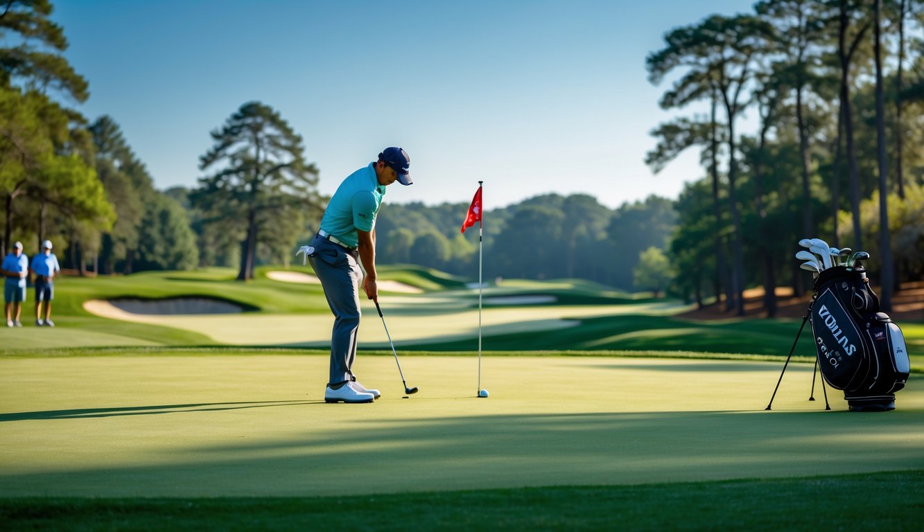 Seorang pegolf sedang mengayunkan tongkat golf di lapangan golf yang hijau dengan bendera di lubang dan beberapa penonton di latar belakang.