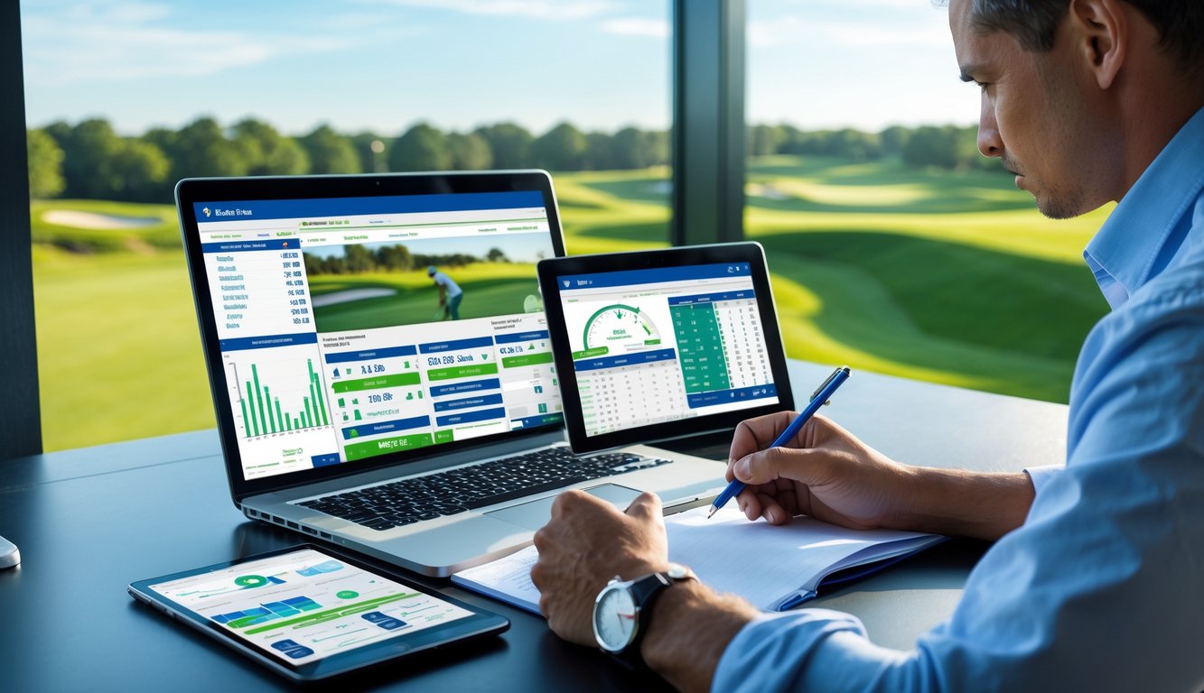 Seorang pria sedang menganalisis data statistik golf di depan laptop dengan latar belakang lapangan golf hijau terlihat melalui jendela besar.